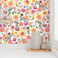 18" Hand Painted Watercolor Bold Nursery Baby Girl Hot Summer Whimsical Flower Rose Garden -  soft red and yellow  for home decor and wallpaper