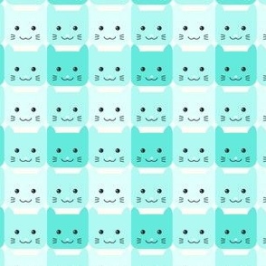 small// Checkers Gingham Kawaii Cats Turquoise Blue