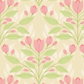 Pink tulips on beige with faded white leaf accents. 