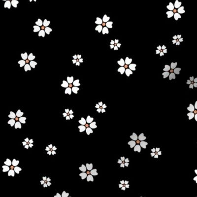 Wild flowers-  white periwinkle blossom minimalist summer ditsy flowers myrtle white orange on black