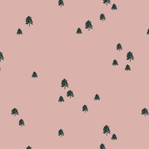 Raw freehand ink painted pine trees - winter forest christmas tree minimalist Scandinavian boho design pine green on rose pink