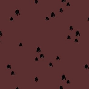 Raw freehand ink painted pine trees - winter forest christmas tree minimalist Scandinavian boho design black on burgundy red