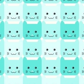 medium// Checkers Gingham Kawaii Cats Turquoise Blue