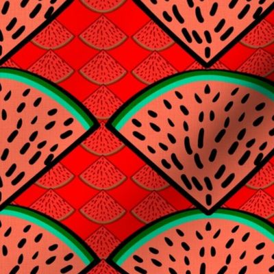 watermelon slices  whimsy geometric with smaller watermelon slices  inverted and reduced opacity 12” repeat, orange, bright green, black on bright red coordinate background