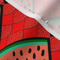 watermelon slices  whimsy geometric with smaller watermelon slices  inverted and reduced opacity 12” repeat, orange, bright green, black on bright red coordinate background