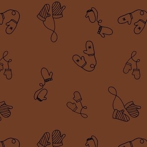 Winter mittens - freezing cold fashion minimalist freehand illustration black on rust brown