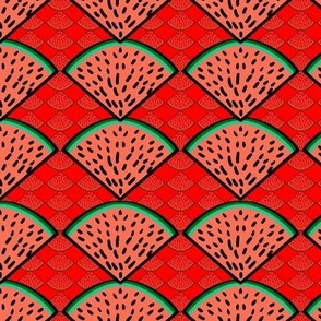 watermelon slices  whimsy geometric with smaller watermelon slices  inverted and reduced opacity 6”repeat, orange, bright green, black on bright red  coordinate background