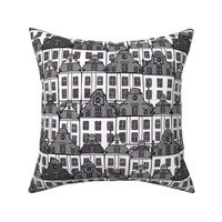 Historical French city houses, handdrawn outlines in grey and white monochrome 12” repeat, wallpaper 24” repeat