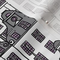 Historical French city houses, handdrawn outlines in grey and white monochrome 12” repeat, wallpaper 24” repeat