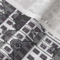 Historical French city houses, handdrawn outlines in grey and white monochrome 6”  repeat, 