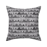 Historical French city houses, handdrawn outlines in grey and white monochrome 6”  repeat, 