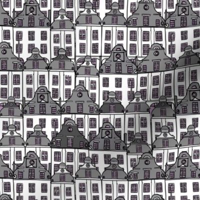 Historical French city houses, handdrawn outlines in grey and white monochrome 6”  repeat, 