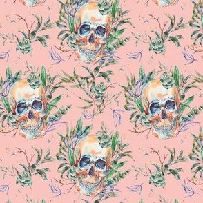 Skull with green leaves on pink