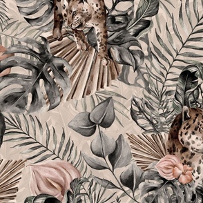 Tropical Jungle Paradise Wild Cheetah And Exotic Plants Pattern Beige Green 