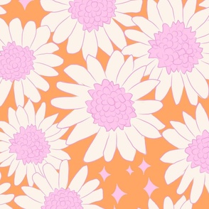 XL Boho groovy Daisies Vintage Floral in pink orange