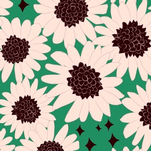 XL Boho Daisies Vintage Floral on emerald green