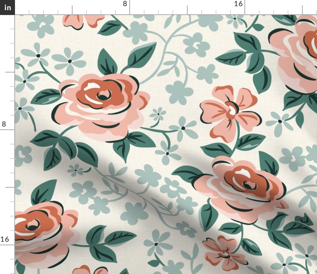 English Garden - Vintage Floral Ivory Pink Green Large Scale