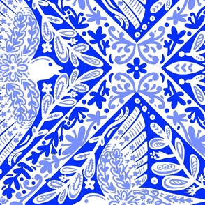 delftware bird folkart in blue and white wallpaper scale