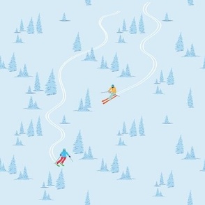 Skiing Through Trees on Darker Background