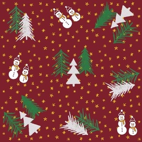 Snowman and Trees on Red 