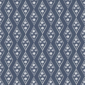 Diamond Stripe Floral on Denim Blue Fabric, Small, Blue and White, Indigo