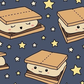 Kawaii S'mores & Stars on Dark Blue (Large Scale)