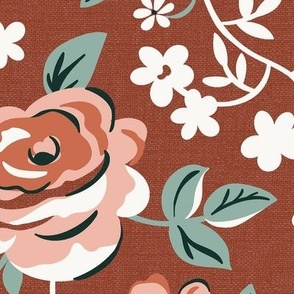 English Garden - Vintage Floral Brick Red Large Scale