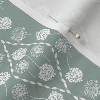 Cut out florals on Gray Green, Celadon Green and White Stripe, Small, diamond, hand painted