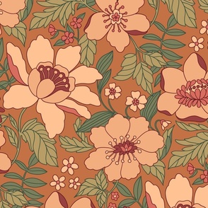 Dawn - retro floral - 24" extra large - ochre, cranberry, peach, and green 