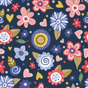Large Scale Folksy Floral on Navy