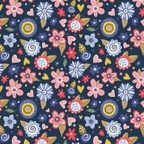 Small Scale Folksy Floral on Navy