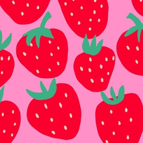 Summer Strawberry - red strawberries on pink - giant huge large scale jumbo size berry fabric wallpaper