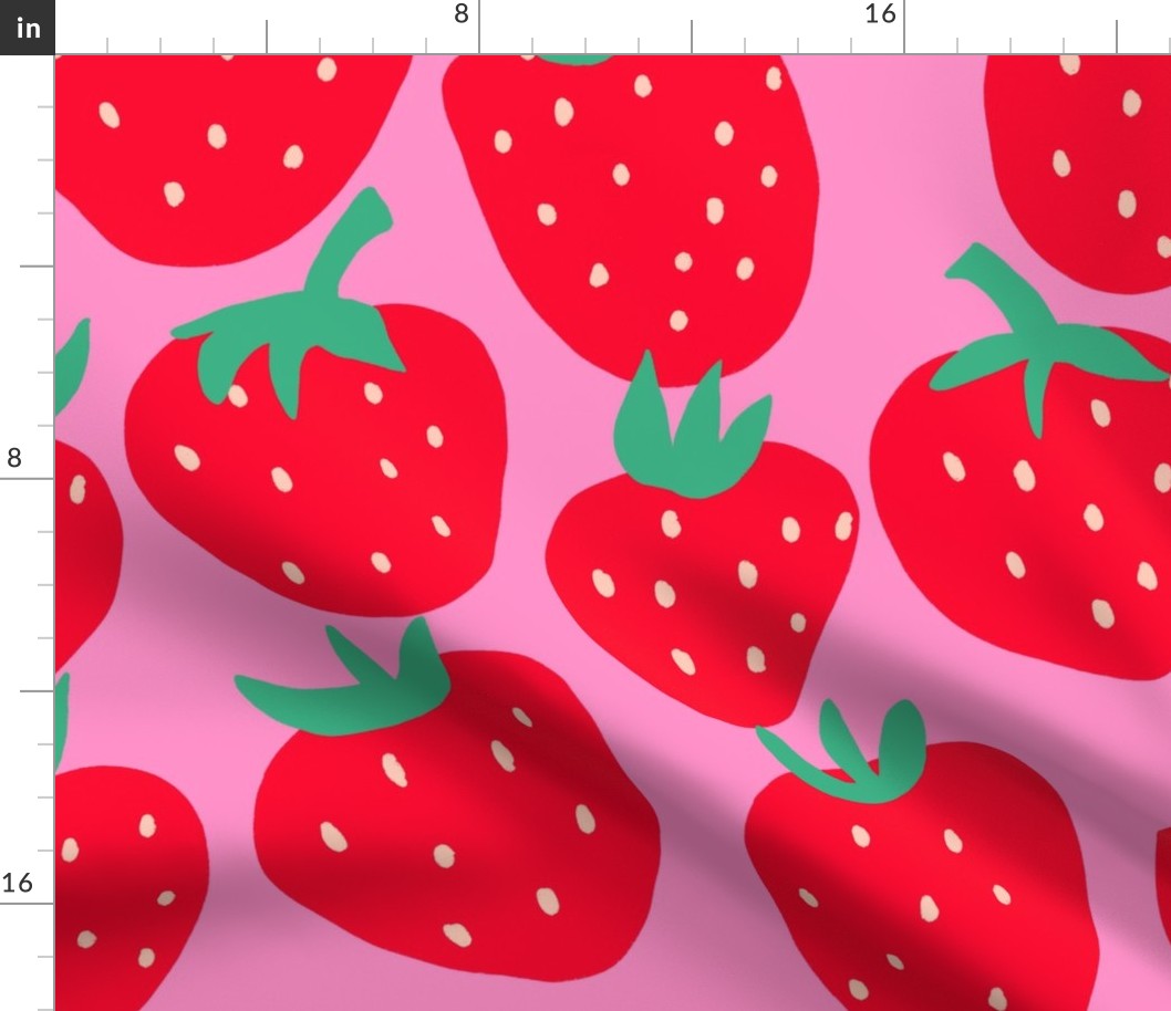 Summer Strawberry - red strawberries on pink - giant huge large scale jumbo size berry fabric wallpaper