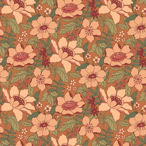 Dawn - retro floral - 12" large - ochre, cranberry, peach, and green 