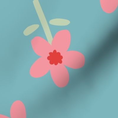 Pretty Pink Flowers on Blue - 3 inch