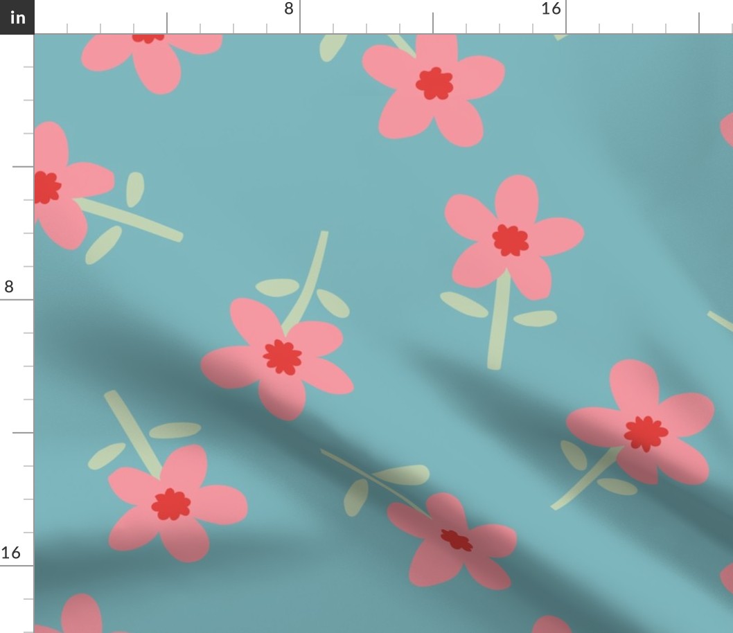 Pretty Pink Flowers on Blue - 3 inch
