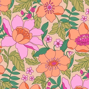 Dawn - retro floral - 24" large - peach, orchid, and green