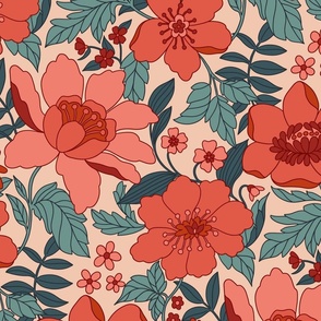 Dawn - retro floral - 24" extra large - red and slate on buff 