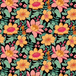 Dawn - retro floral - 12" large - pink and gold on black 