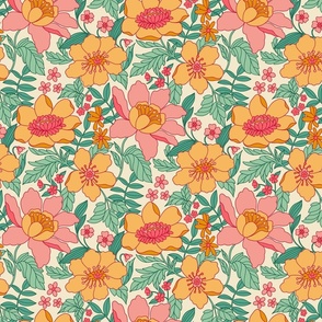 Dawn - retro floral- 12" large - pink and gold on cream 
