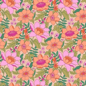 Dawn - retro floral - 12" large - peach, orchid, and green 