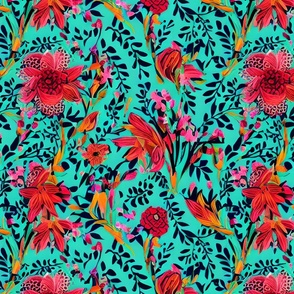 "The Vibrant Colored Flowers " A floral pattern with red blue pink orange green colors