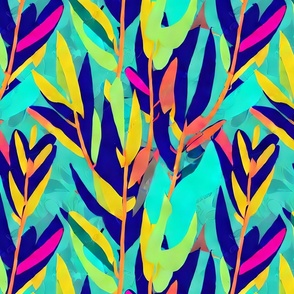 "Bright Beauty of the Jungle" -  Blue yellow pink green colorful tree leaves 