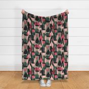 Pink, green, black retro bark cloth inspired, organic abstract, 24 inch repeat