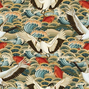 Asian-Style Cranes, Fish, and Waves