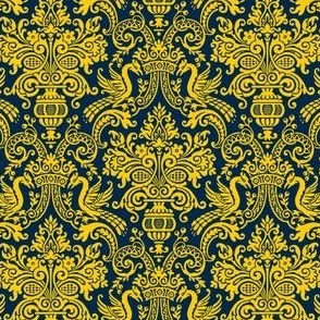 1910 Vintage Damask - Michigan Colors - Maize on Blue