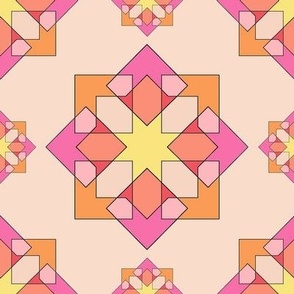 Moroccan Lady-geometric allover pattern from ancient tiles of Morocco. Pink, Orange, Yellow, Peach.