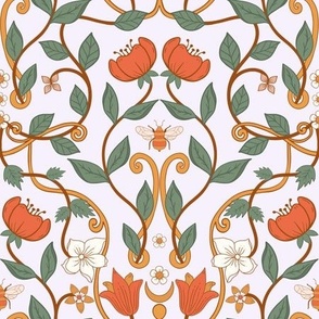 Orange and Ivory Floral Vine Damask