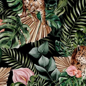 Tropical Jungle Paradise Wild Cheetah And Exotic Plants Pattern On Black