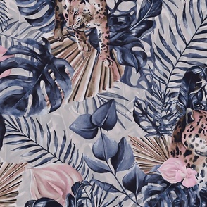 Tropical Jungle Paradise Wild Cheetah And Exotic Plants Pattern On Black Moody Blue And Pink